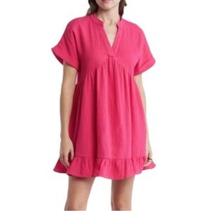 Lumiere hot Pink Ruffled Short Sleeve lined gauze Mini Dress. All cotton.